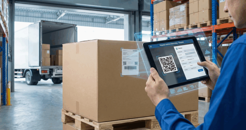 Εργαζόμενος σε αποθήκη σκανάρει QR code σε δέμα με tablet για την έκδοση Ψηφιακού Δελτίου Αποστολής πριν τη φόρτωση