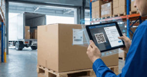 Εργαζόμενος σε αποθήκη σκανάρει QR code σε δέμα με tablet για την έκδοση Ψηφιακού Δελτίου Αποστολής πριν τη φόρτωση