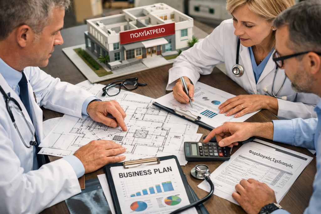 Γιατροί και λογιστικός σύμβουλος σχεδιάζουν την ίδρυση πολυϊατρείου πάνω από κάτοψη και επιχειρηματικό πλάνο