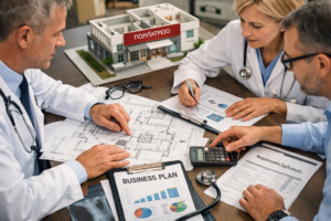Γιατροί και λογιστικός σύμβουλος σχεδιάζουν την ίδρυση πολυϊατρείου πάνω από κάτοψη και επιχειρηματικό πλάνο
