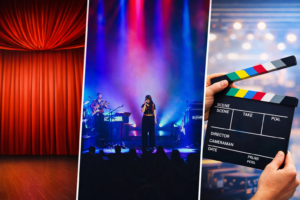 Σκηνή θεάτρου και συναυλίας που απεικονίζει τον χώρο του θεάματος και τη φορολογία καλλιτεχνών