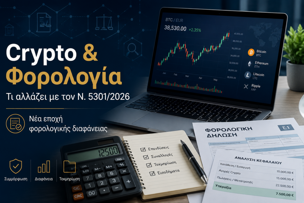 Εικόνα άρθρου για τη φορολογία των κρυπτονομισμάτων και τις αλλαγές του Ν. 5301/2026, με laptop, γράφημα crypto και φορολογικά έγγραφα.